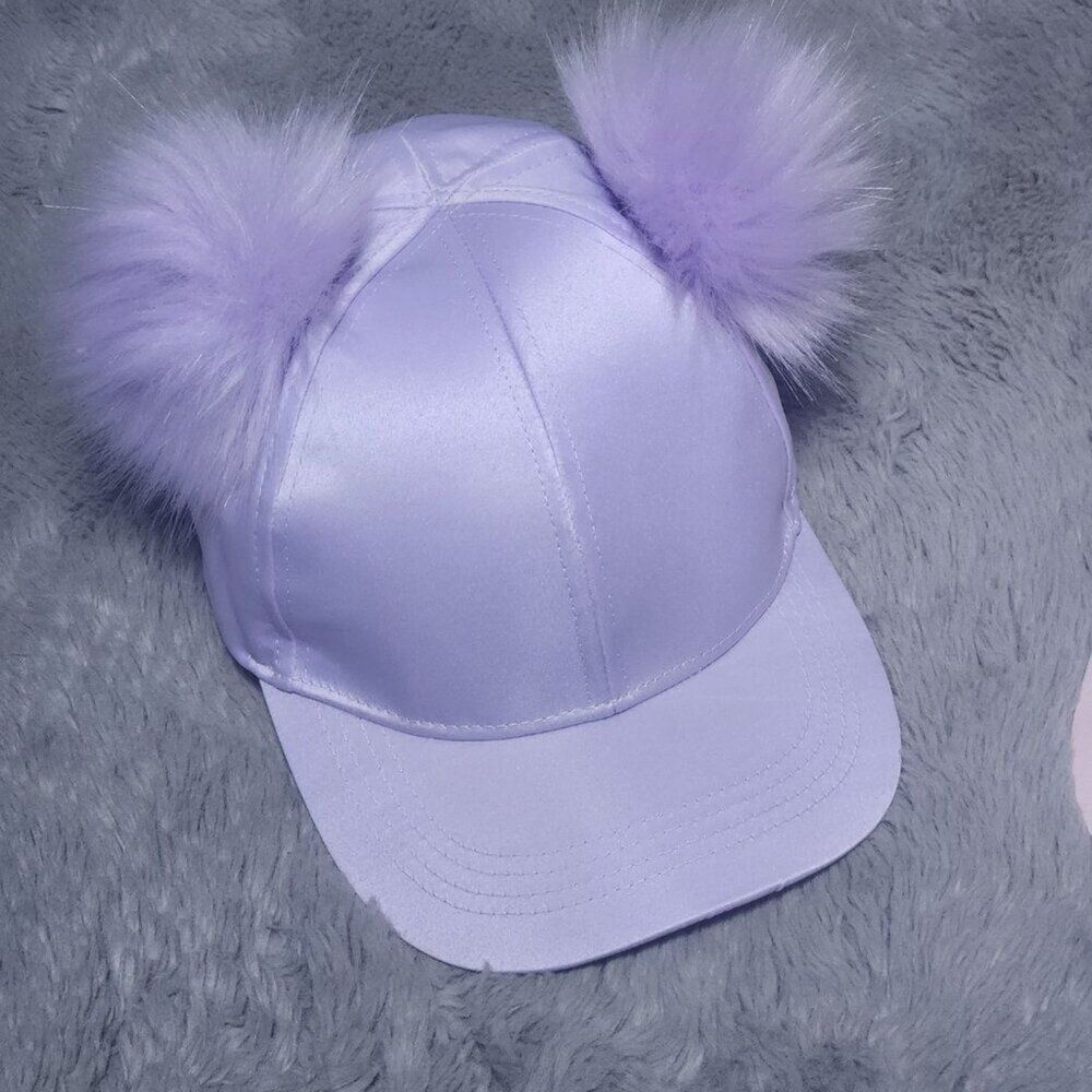 Lavender Faux Fur Double Pom Pom Satin Baseball Caps